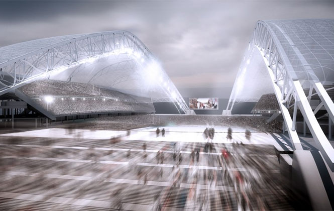 Sochi Olympic Stadium entrance rendering. Image courtesy of populous.com